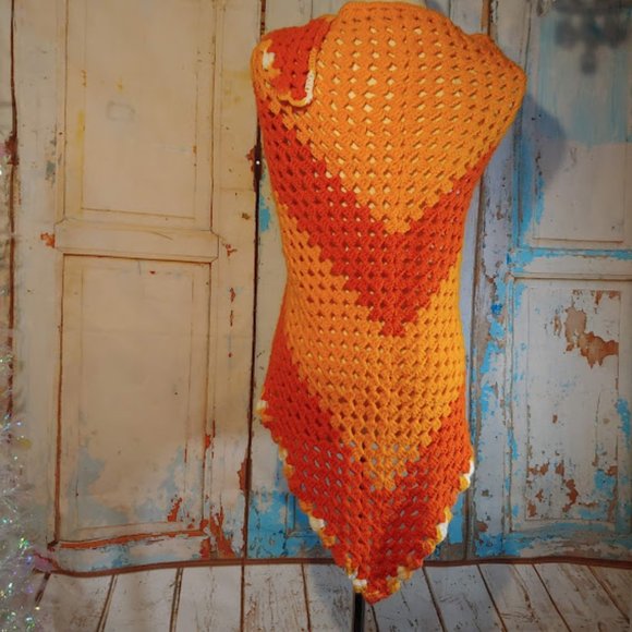 no tag perfectly hand crochet cottage wrap/one size/mustard white and orange - Picture 10 of 10
